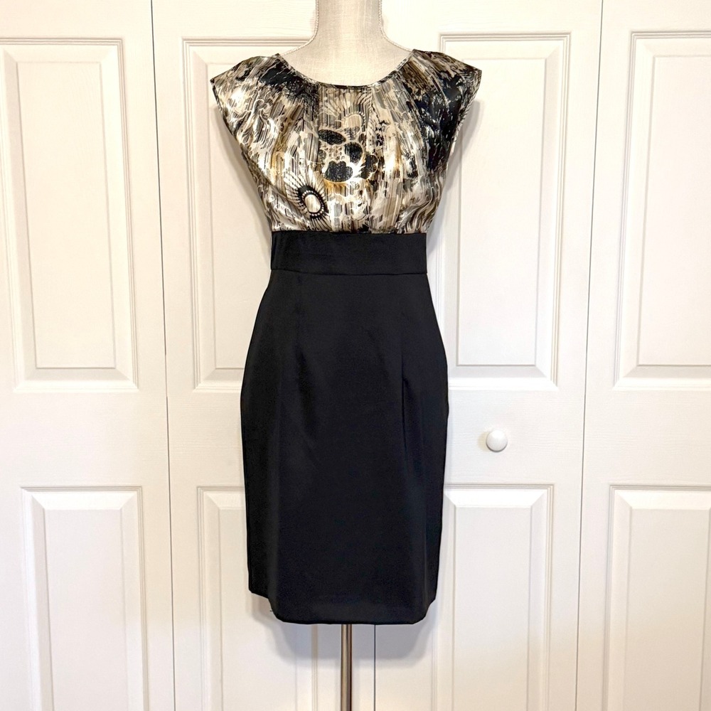AGB Dress Petite Black Gold Metallic Abstract Floral Sheath Dress 4P